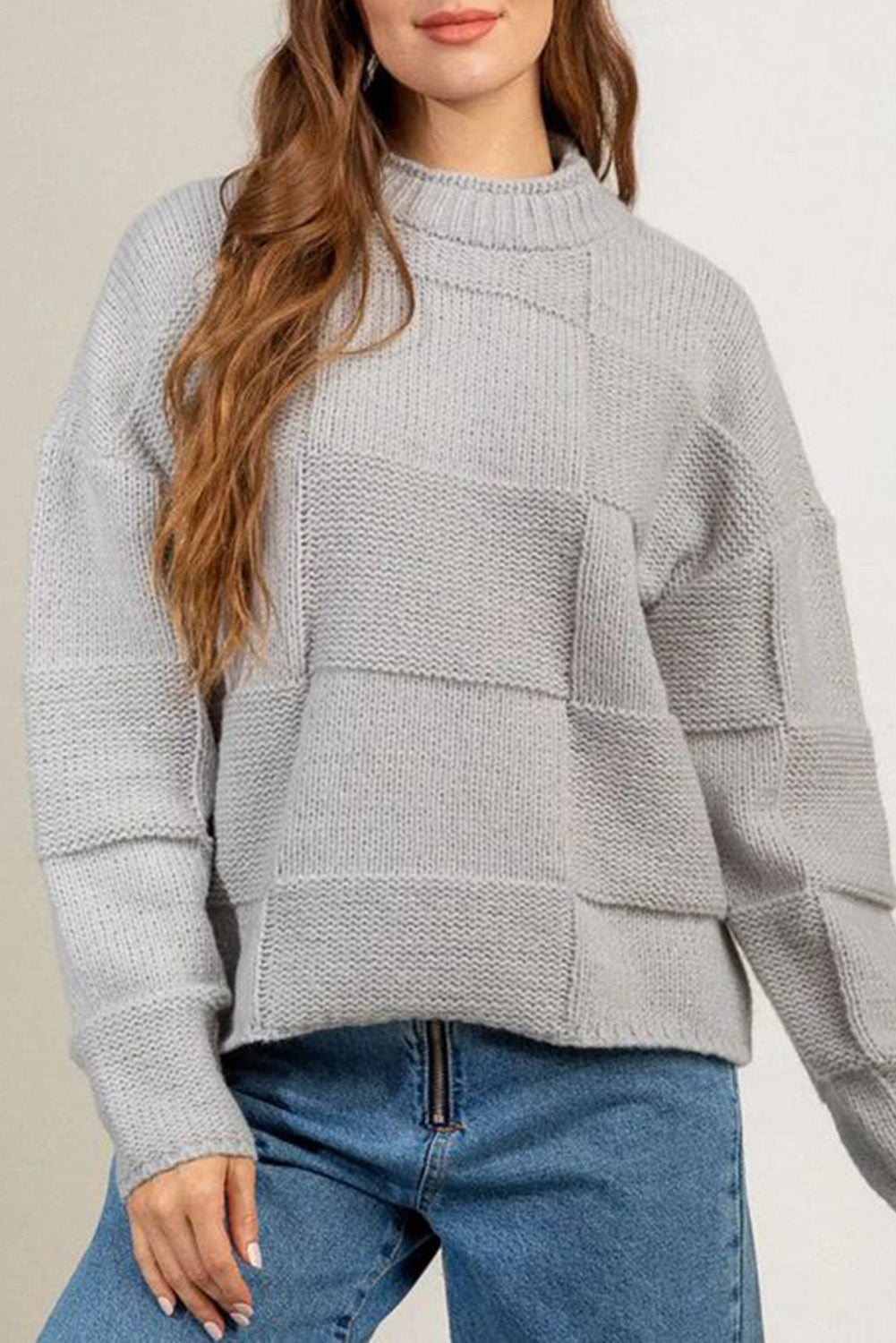 Mock Neck Checkered Textured Sweater