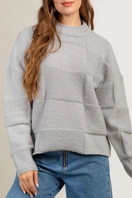 Mock Neck Checkered Textured Sweater
