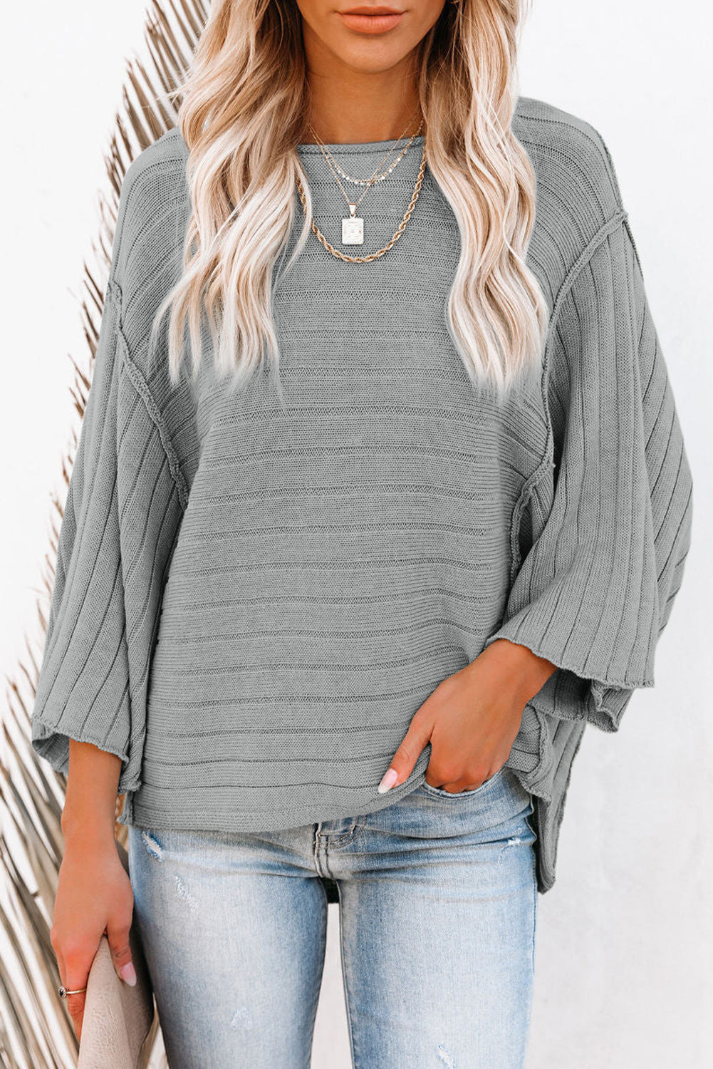 Exposed Seam Ribbed Knit Dolman Top