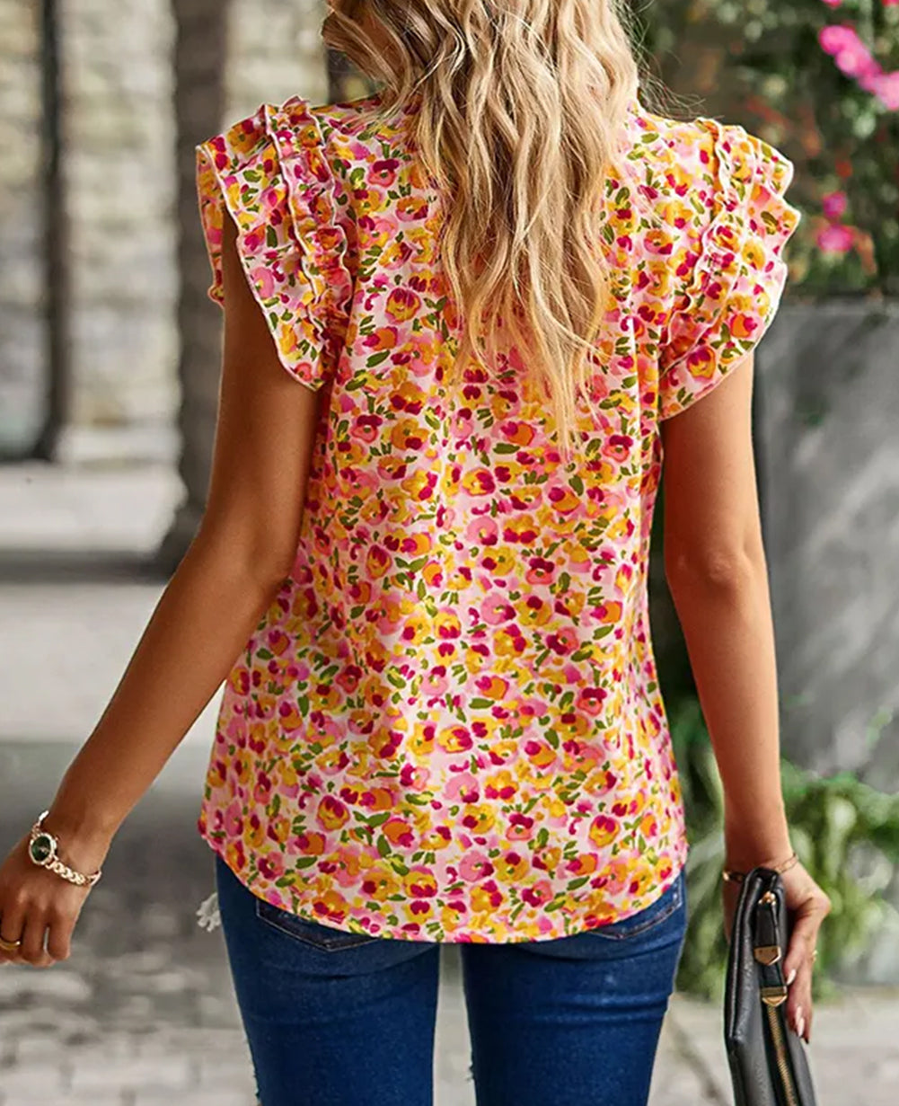 Floral Print Flutter Sleeve V Neck Tank Top