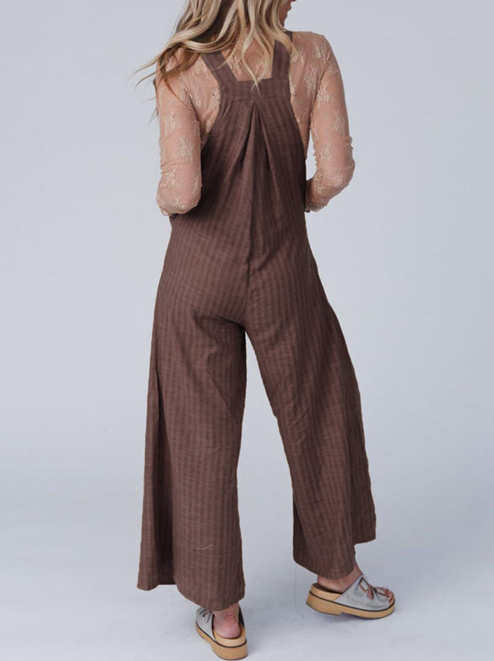 Striped Pleated Wide Leg Pocketed Jumpsuit