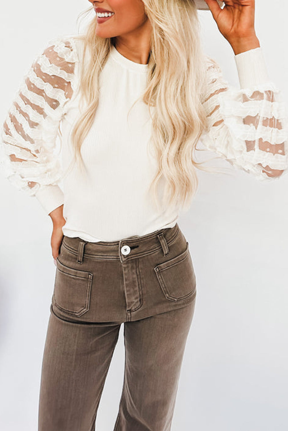 Frills Stripe Mesh Sleeve Ribbed Knit Top