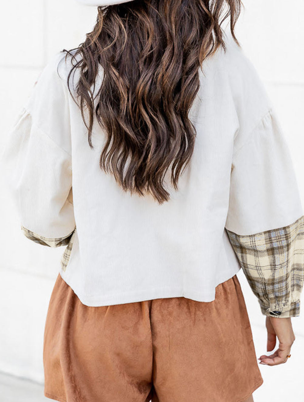 Corduroy Plaid Colorblock Patchwork Shacket