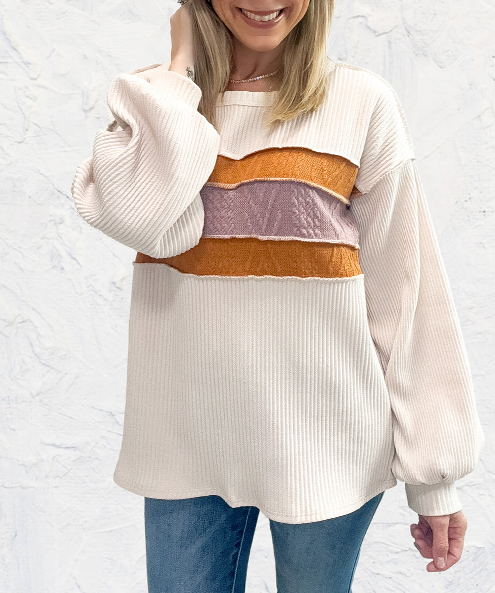 Corded Exposed Seam Knit Patchwork Drop Sleeve Top