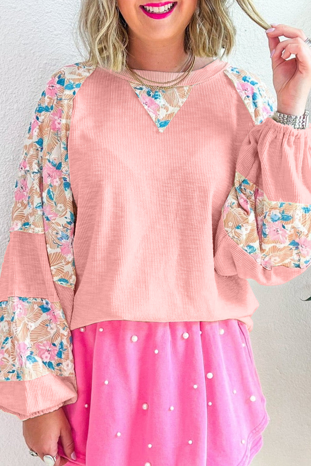 Textured Floral Patchwork Balloon Sleeve Blouse