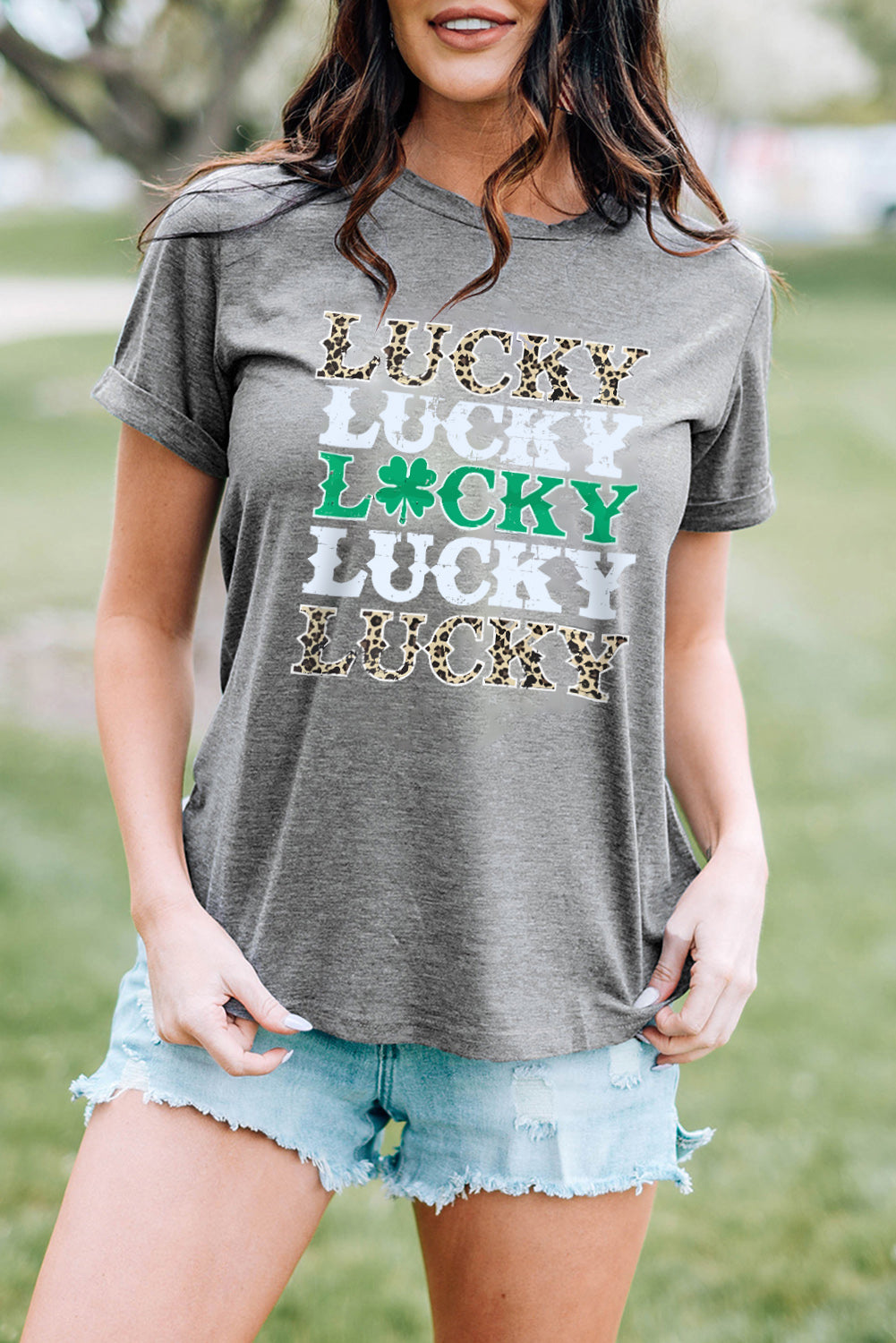 LUCKY Clover Leopard Print Crewneck T Shirt