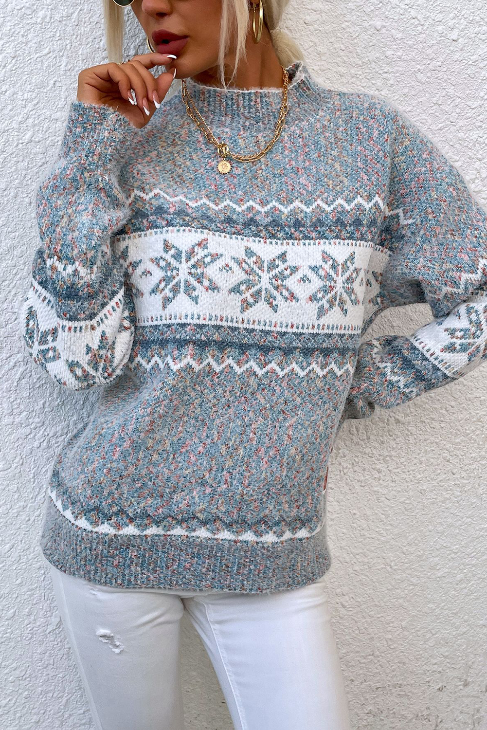 Retro Snowflake Pattern Mock Neck Fuzzy Sweater