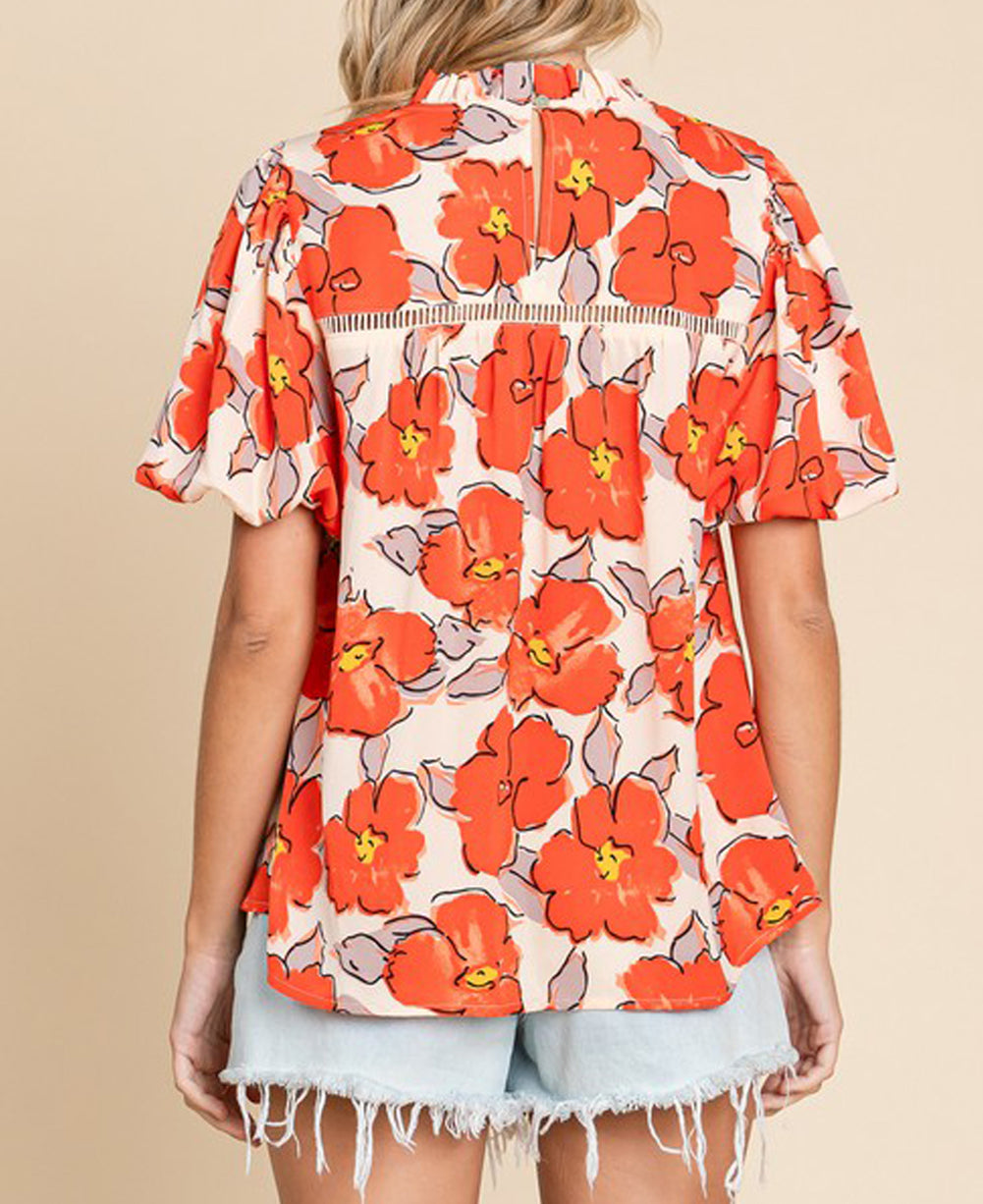 Floral Bubble Sleeve Frill Neck Loose Blouse