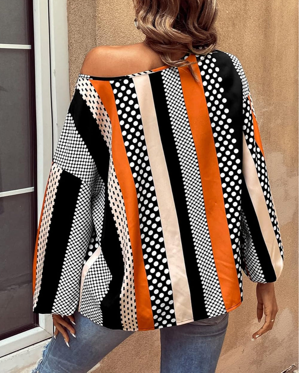 Polka Dot Vertical Striped Printed Puff Sleeve Blouse