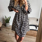 Leopard Print Elasticated V Neck 3/4 Puff Sleeve Dress