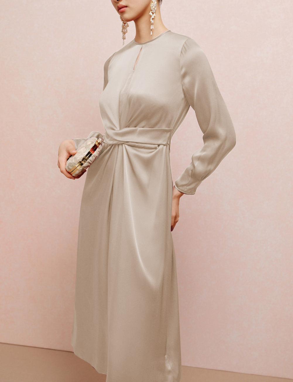 Twist Front Tie Back Long Sleeve Satin Dress