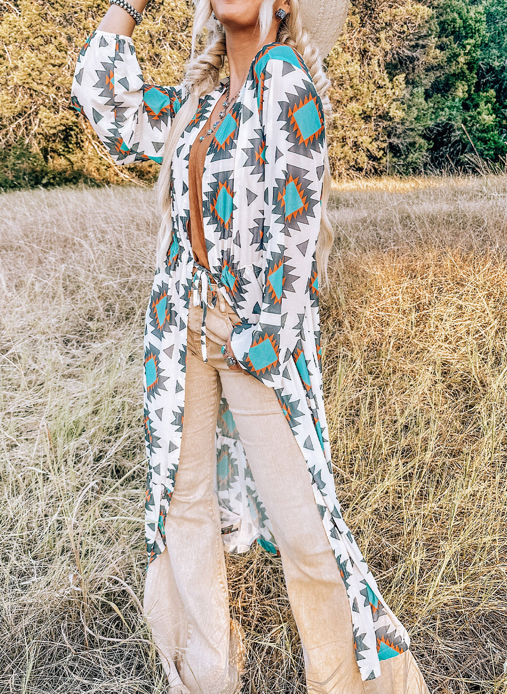 Western Aztec Print Duster Open Front Top