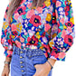 Mock Neck Bubble Sleeve Floral Print Blouse