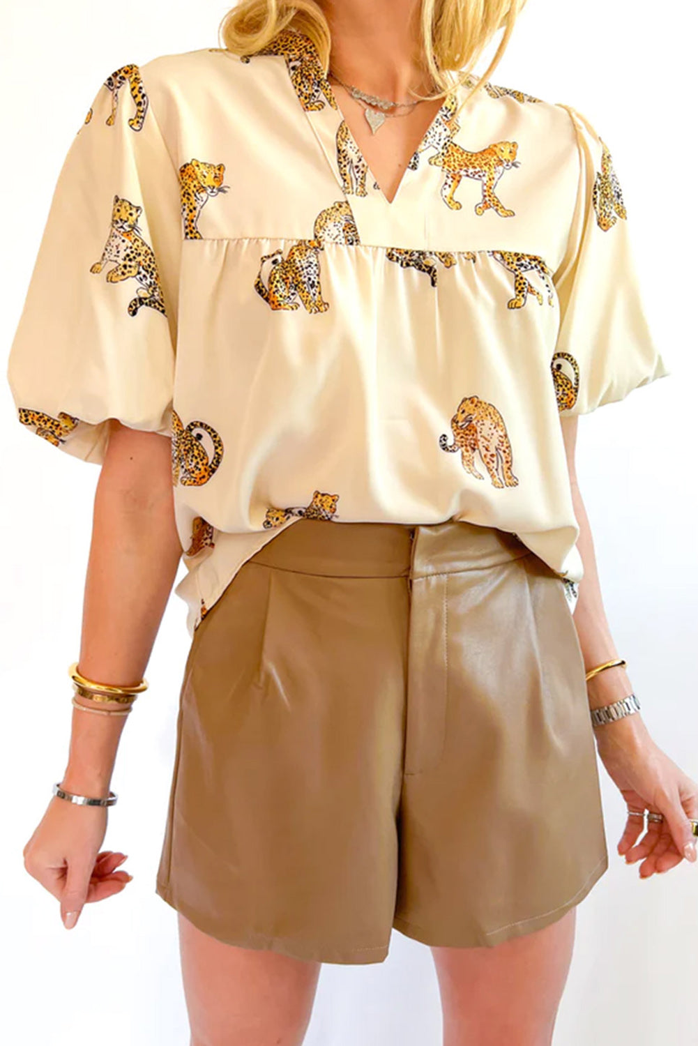 Cheetah Printed Split Neck Puff Sleeve Blouse