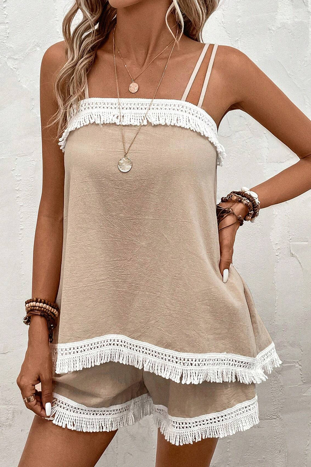 Fringe Crochet Double Strap Tank Top and Shorts Set
