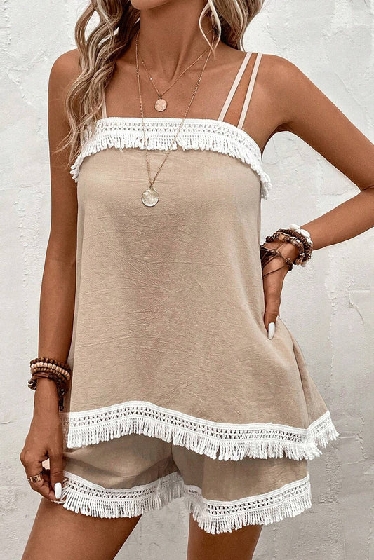 Fringe Crochet Double Strap Tank Top and Shorts Set