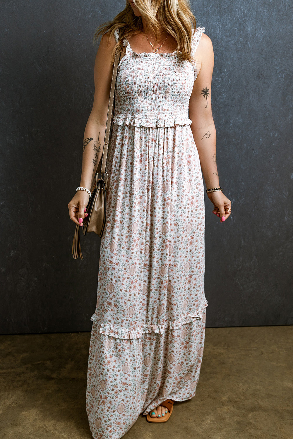 Lace Frilly Straps Shirred Floral Maxi Dress