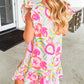 Abstract Floral Ruffle Trim Flutter Sleeve Buttoned Dress