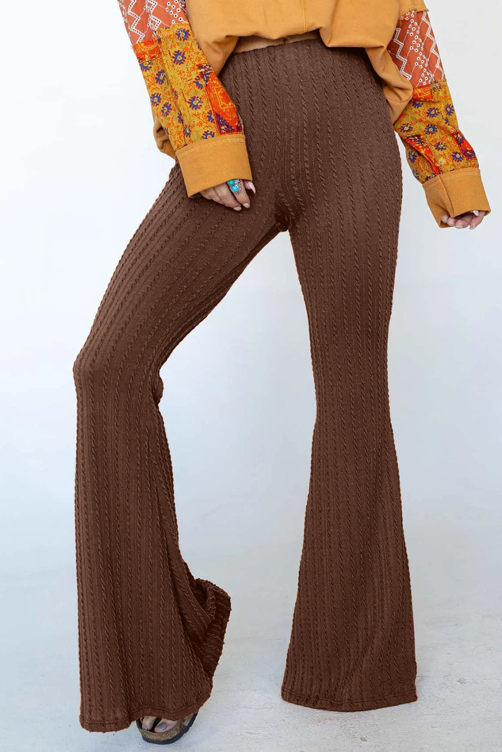 Textured Knit Mid Waist Flare Pants