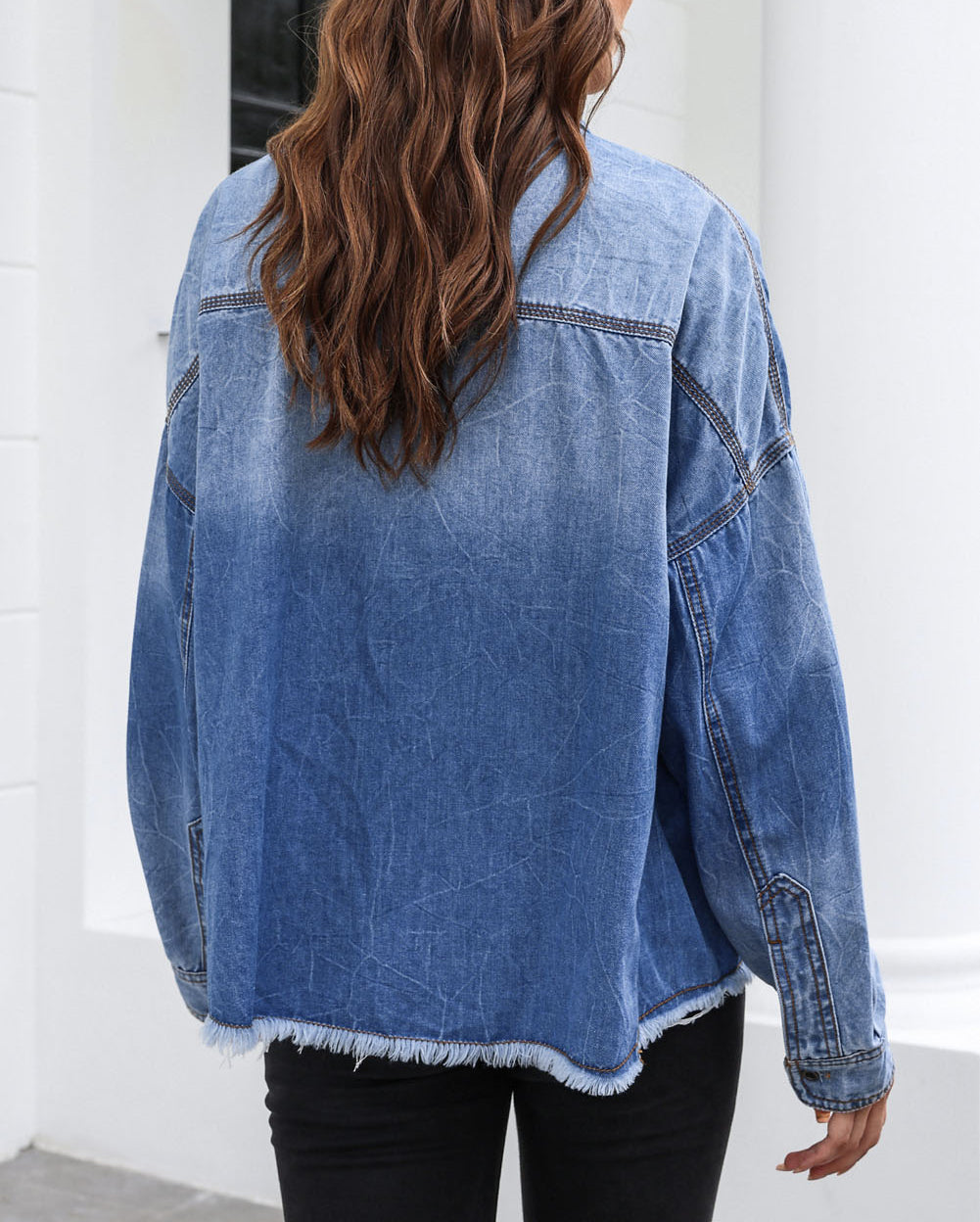 Flap Pockets Raw Hem Denim Shacket