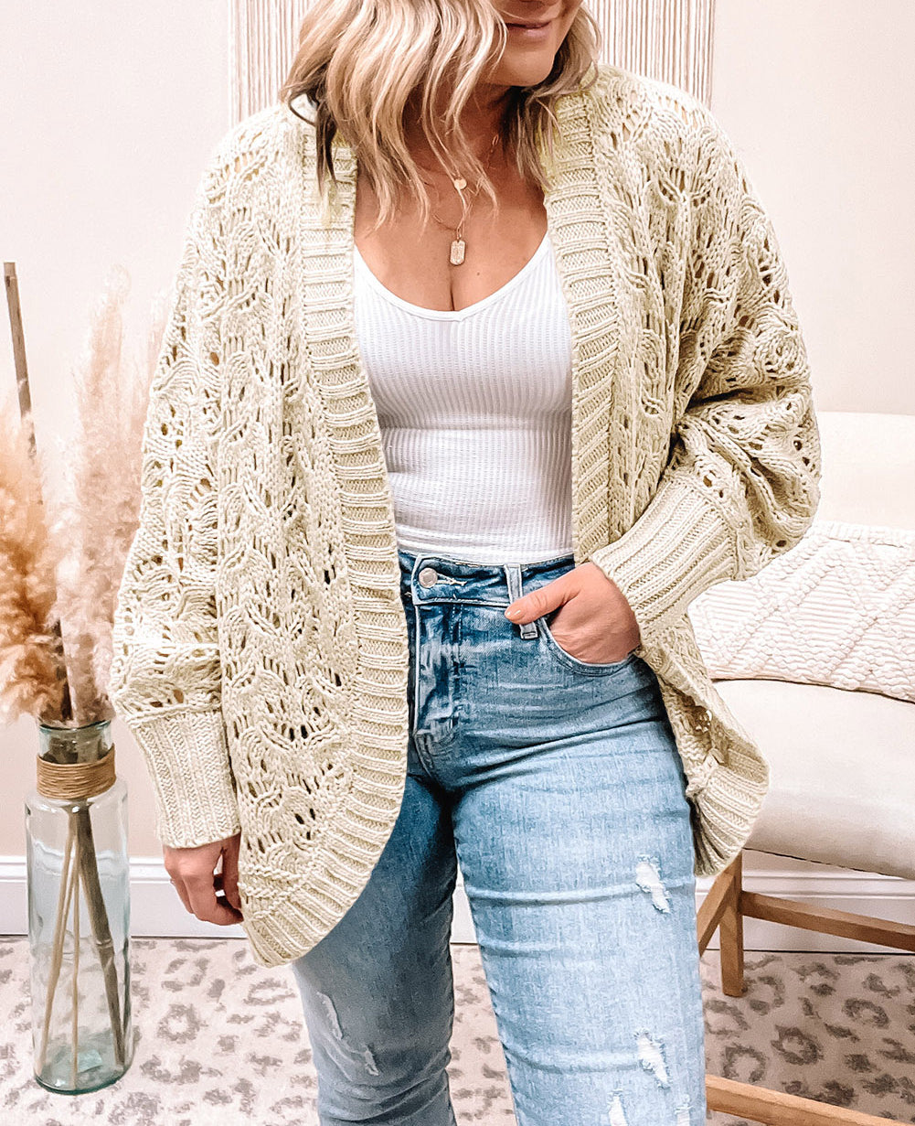 Plus Size Textured Knit Open Ribbed Trim Cardigan
