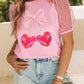 Bow Heart Shape Cherry Print Dotted Mesh Sleeve T Shirt