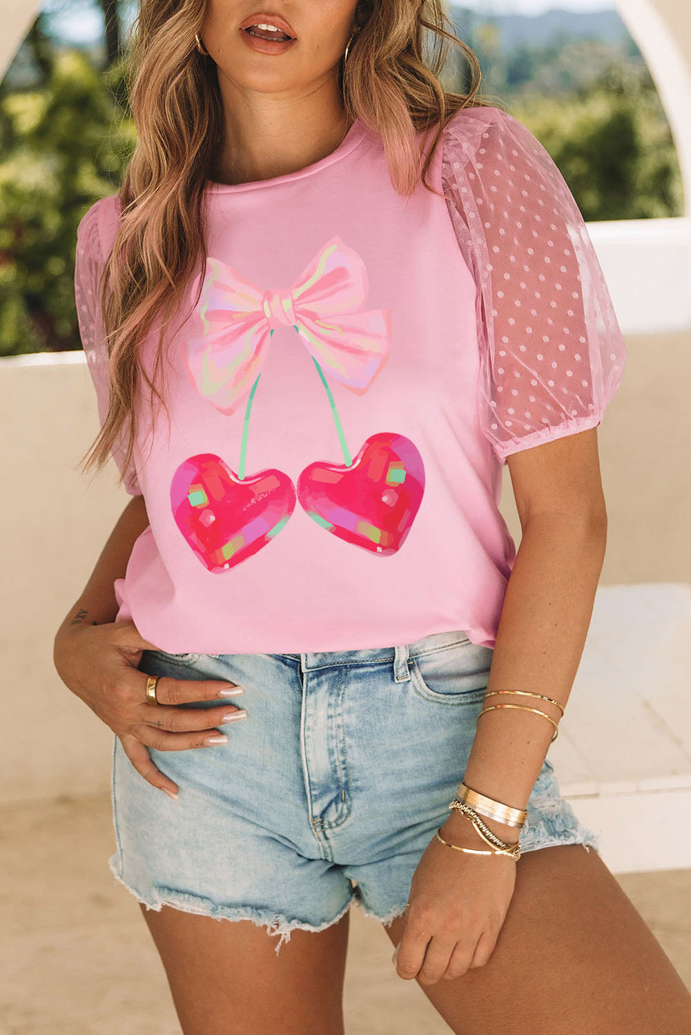 Bow Heart Shape Cherry Print Dotted Mesh Sleeve T Shirt