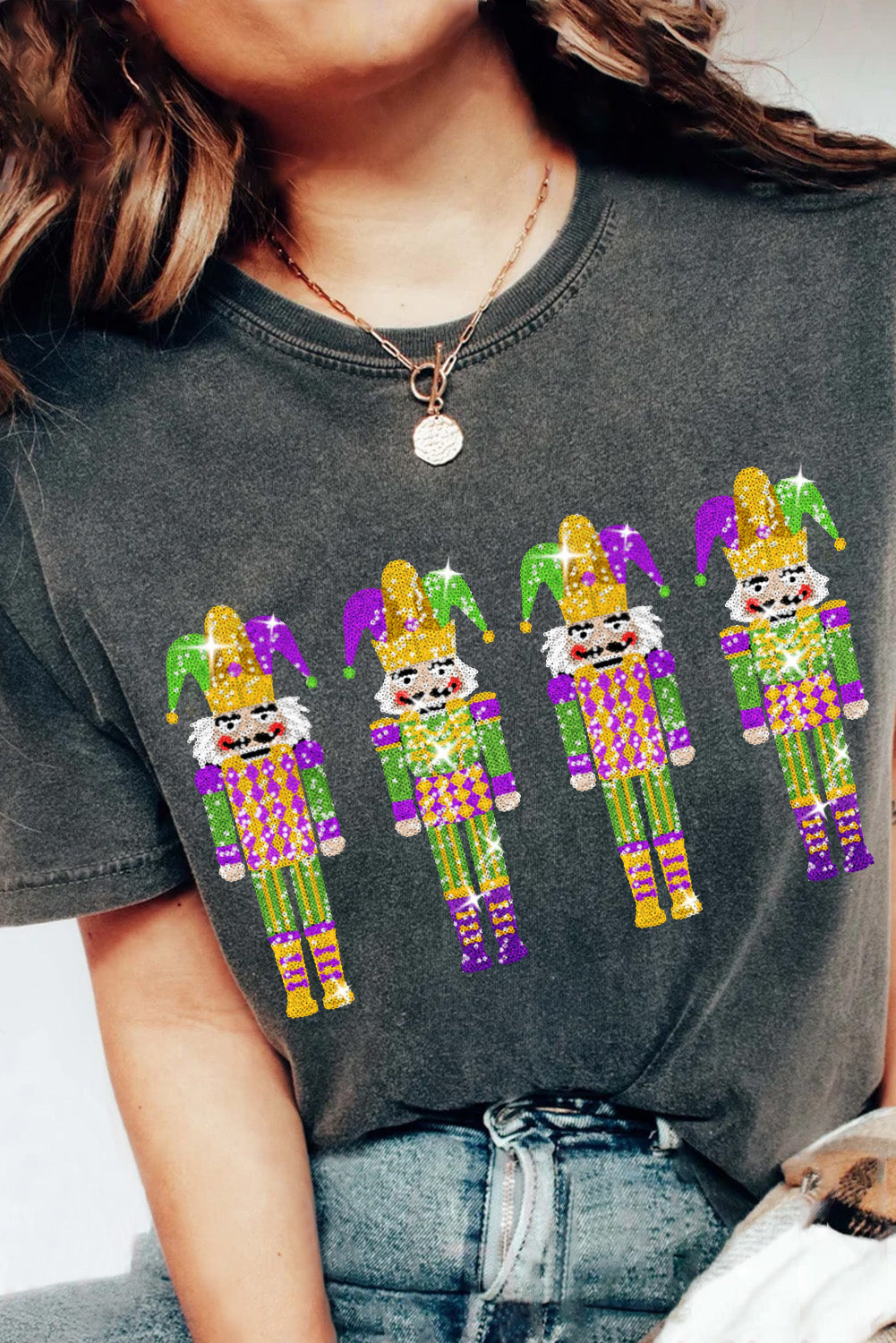 Mardi Gras Sequin Graphic Drop Shoulder Crew Neck T Shirt