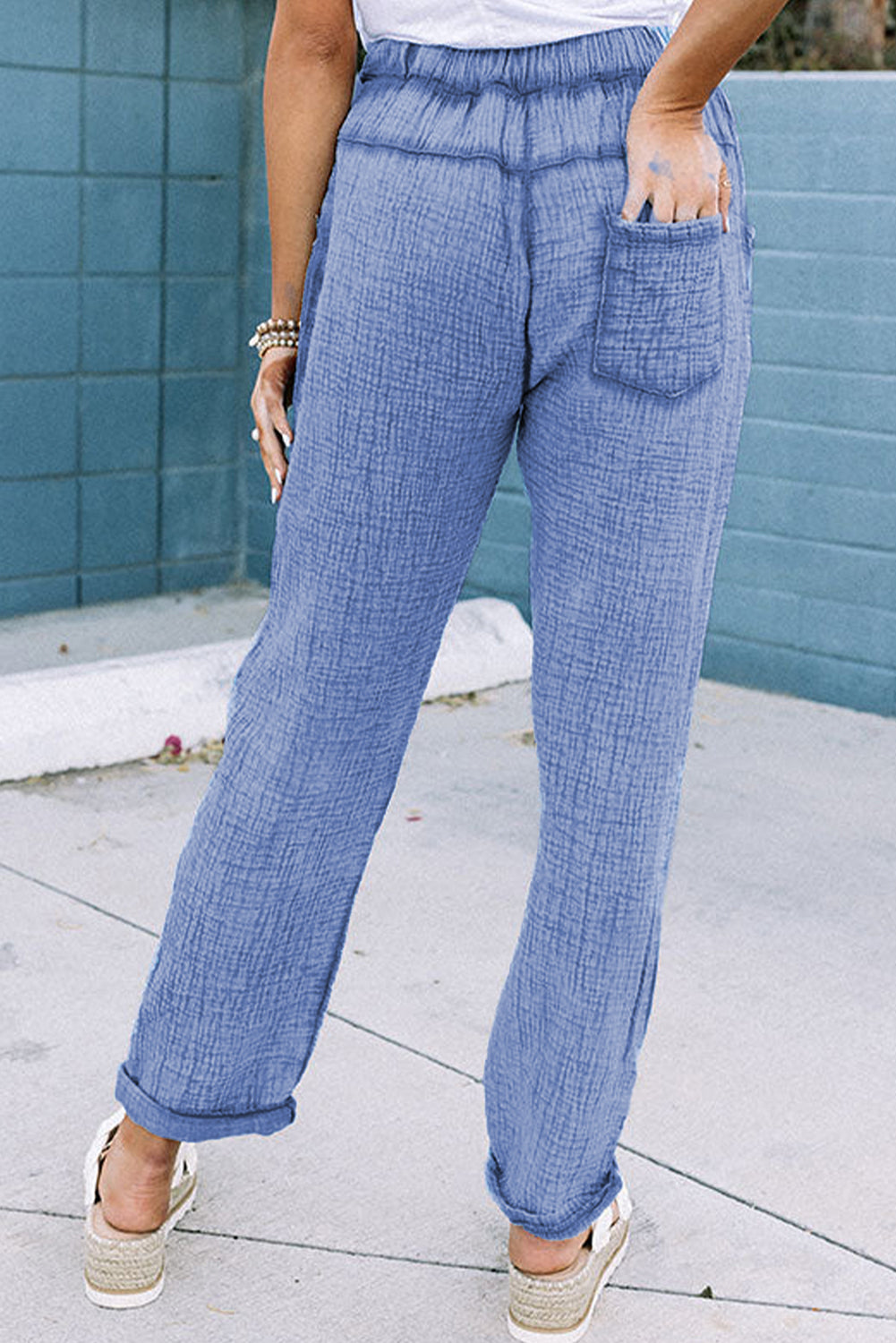 Washed Textured Drawstring Waist Straight Leg Pants