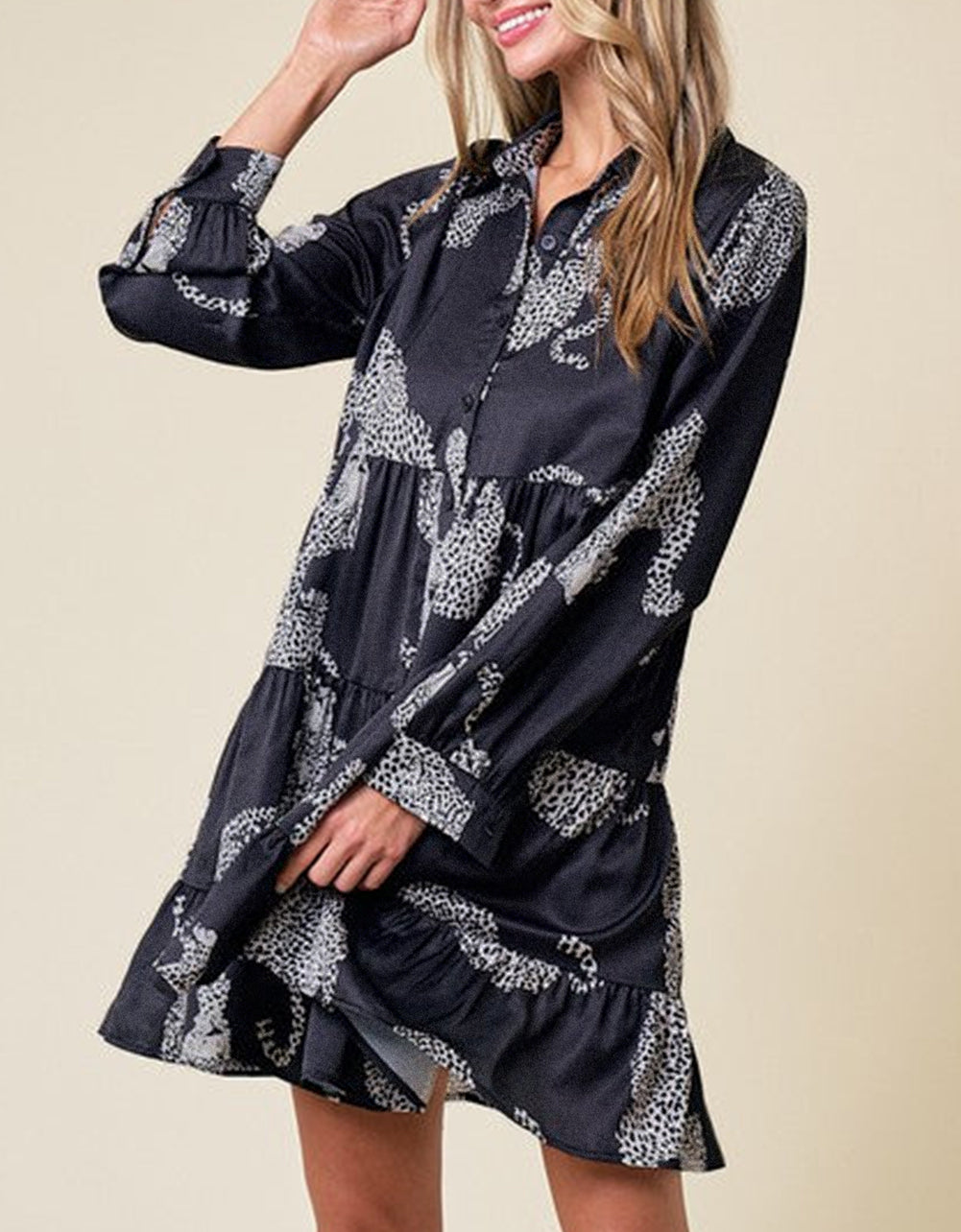 Leopard Print Button-up Long Sleeve Shirt Mini Dress