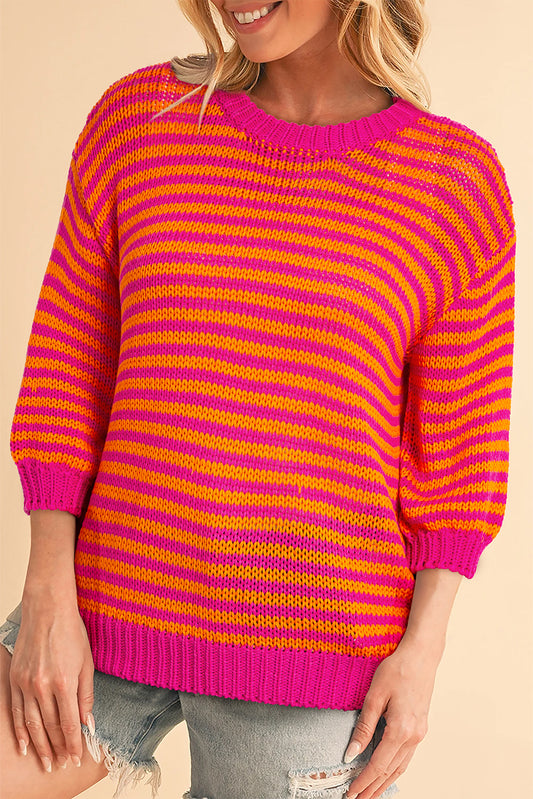 Stripe 3/4 Puff Sleeve Drop Shoulder Sweater