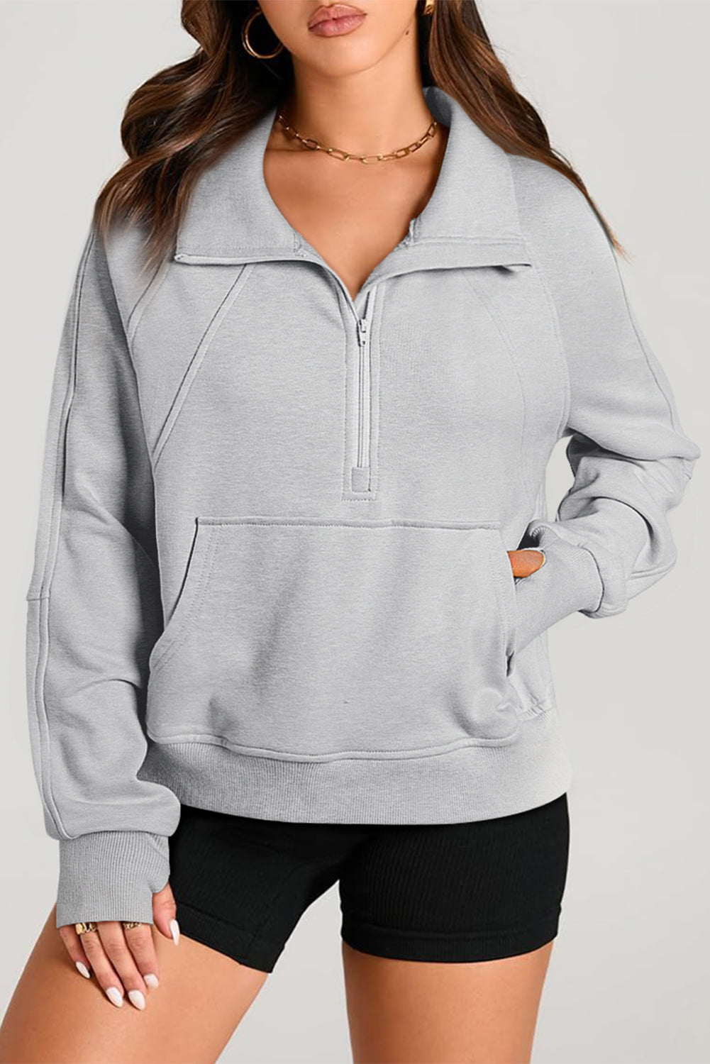 Zip Stand Neck Kangaroo Pocket Sweatshirt