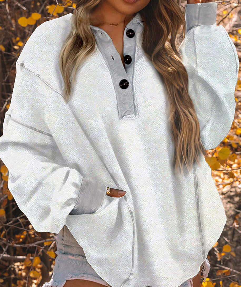 Textured Side Pockets Buttoned Neckline Sweatshirt
