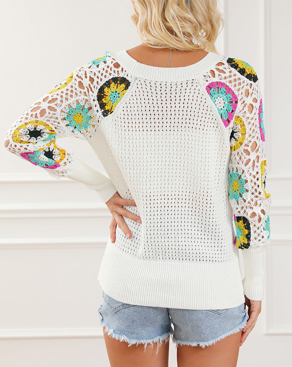 Pointelle Floral Crochet Sleeve Sweater