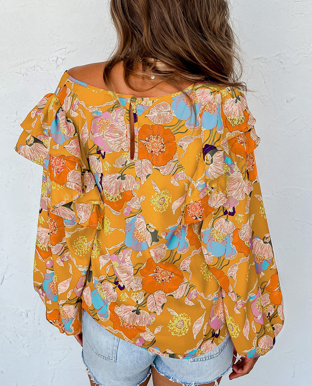 Floral Print Ruffle Puff Sleeve Blouse