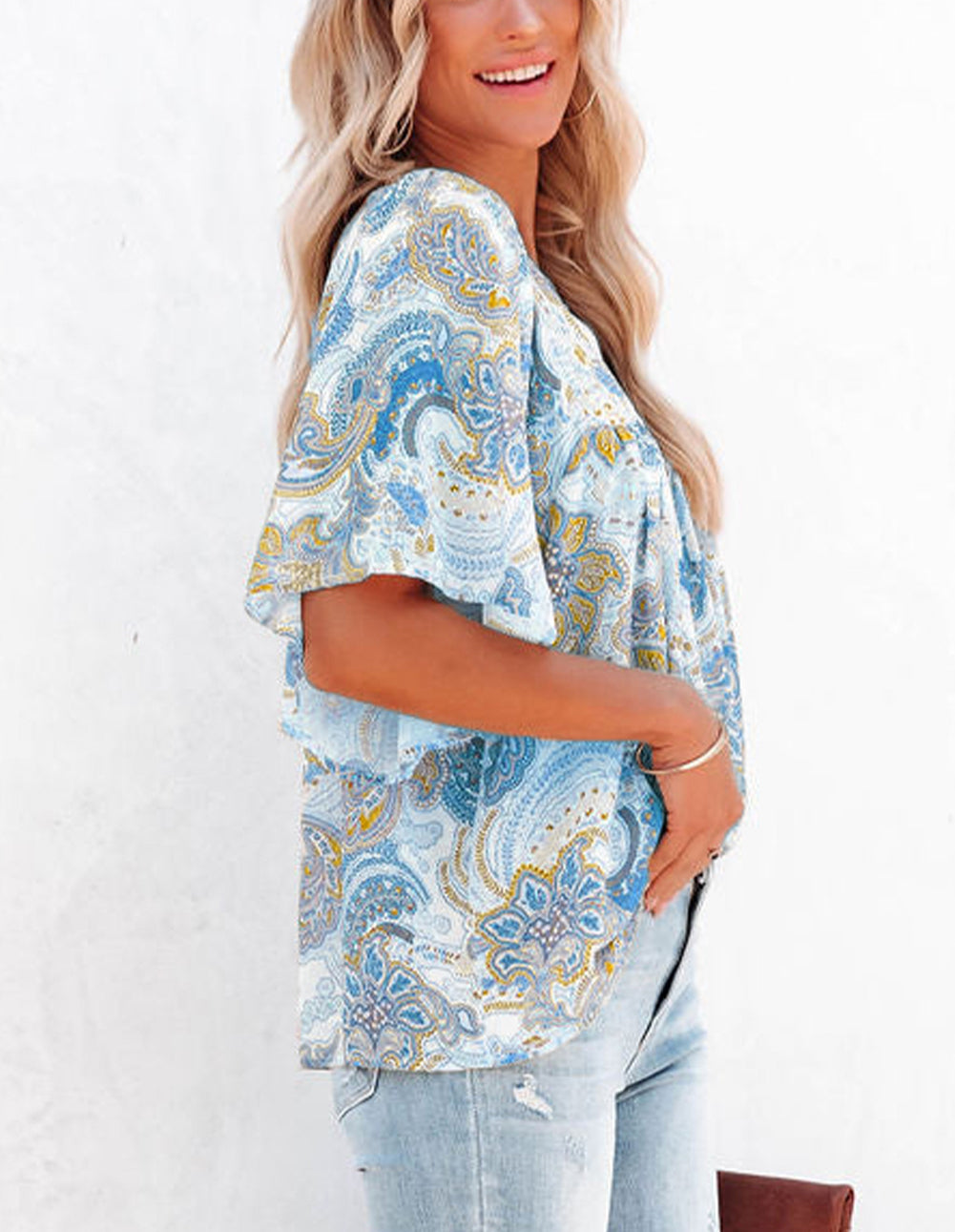Sky Blue Paisley Print Wide Sleeves Loose Blouse