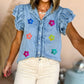 Sequin Flower Graphic Ruffled Sleeve Frayed Denim Top