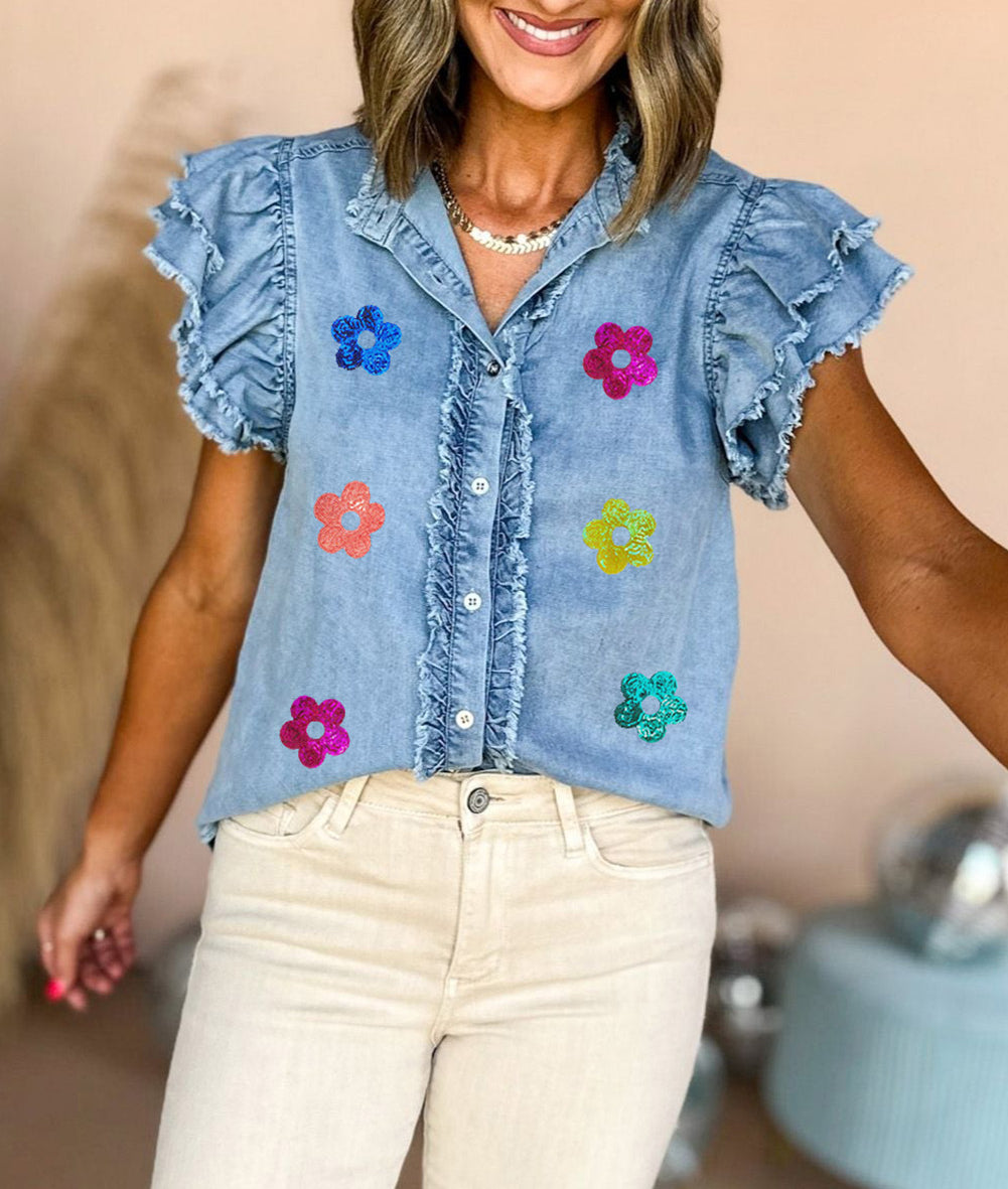 Sequin Flower Graphic Ruffled Sleeve Frayed Denim Top