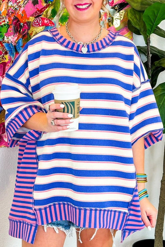 Stripe Patchwork Exposed Seam Drop Shoulder Oversized Top