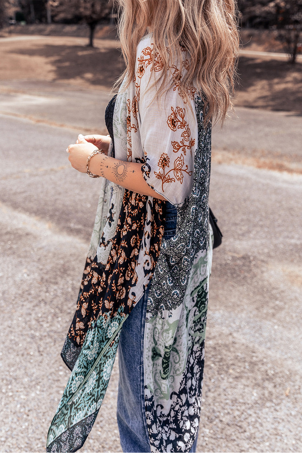 Floral Print Irregular Hem Flowy Kimono