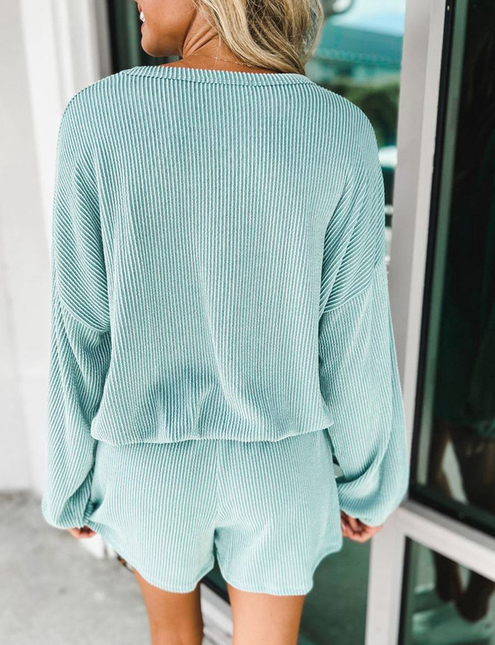 Corded V Neck Slouchy Top Pocketed Shorts Set