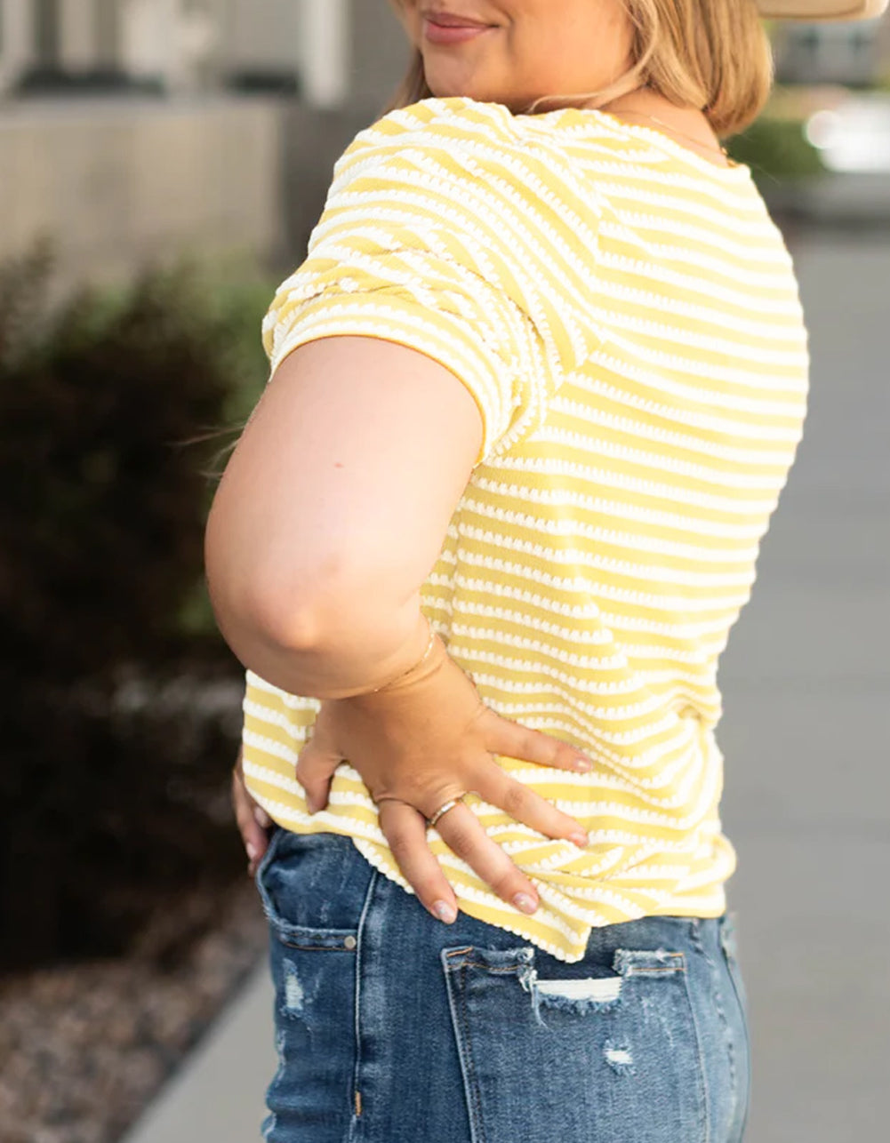 Stripe Short Puff Sleeve Plus Size Jumper