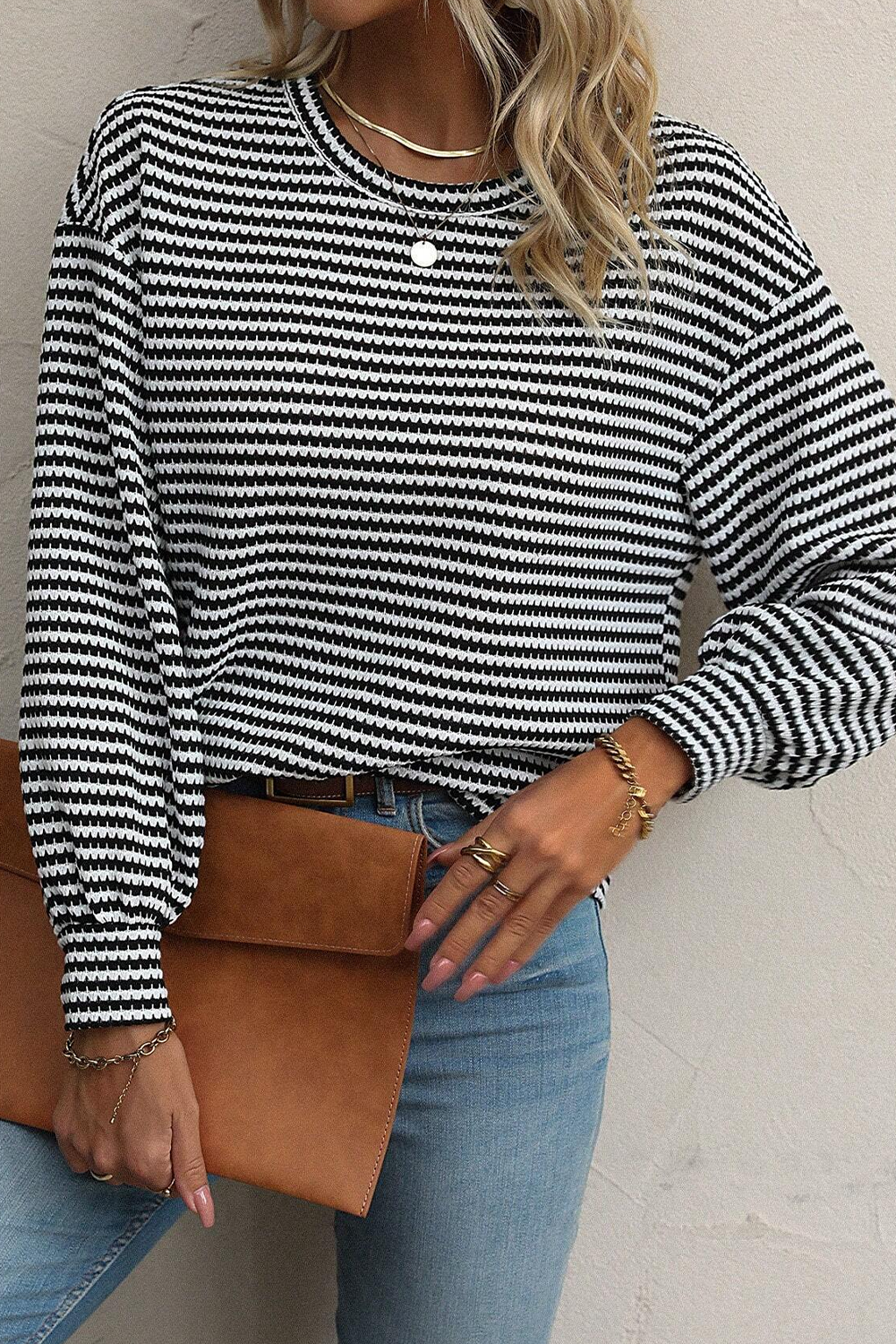 Stripe Round Neck Drop Shoulder Long Sleeve Top