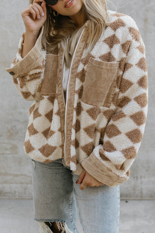 Geometric Pattern Corduroy Patch Pockets Sherpa Jacket