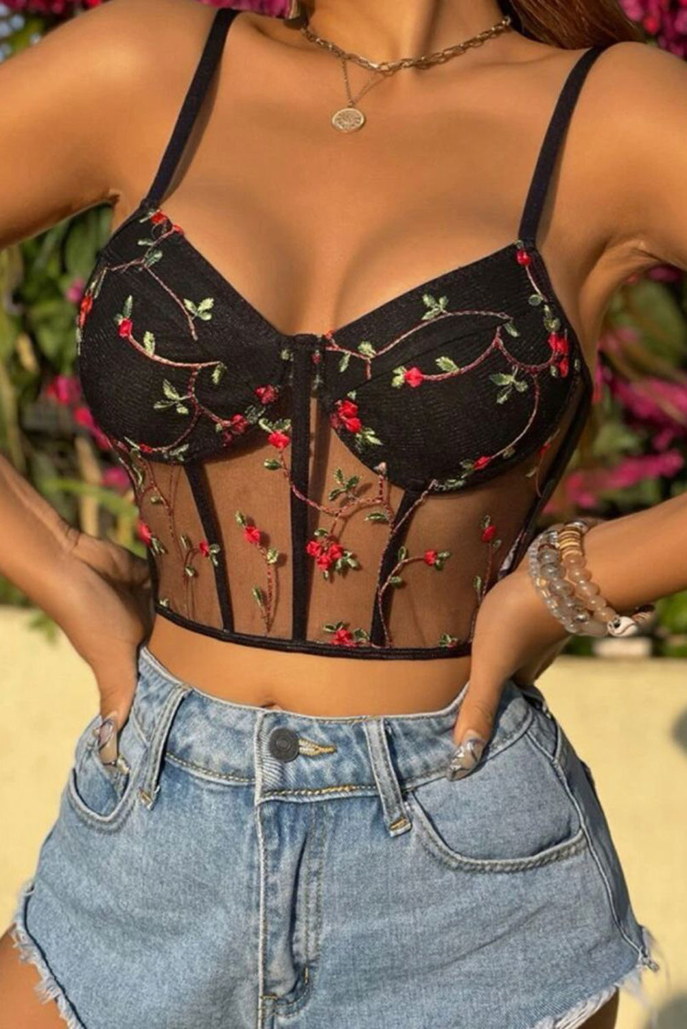 Floral Embroidery Mesh Bustier Bralette