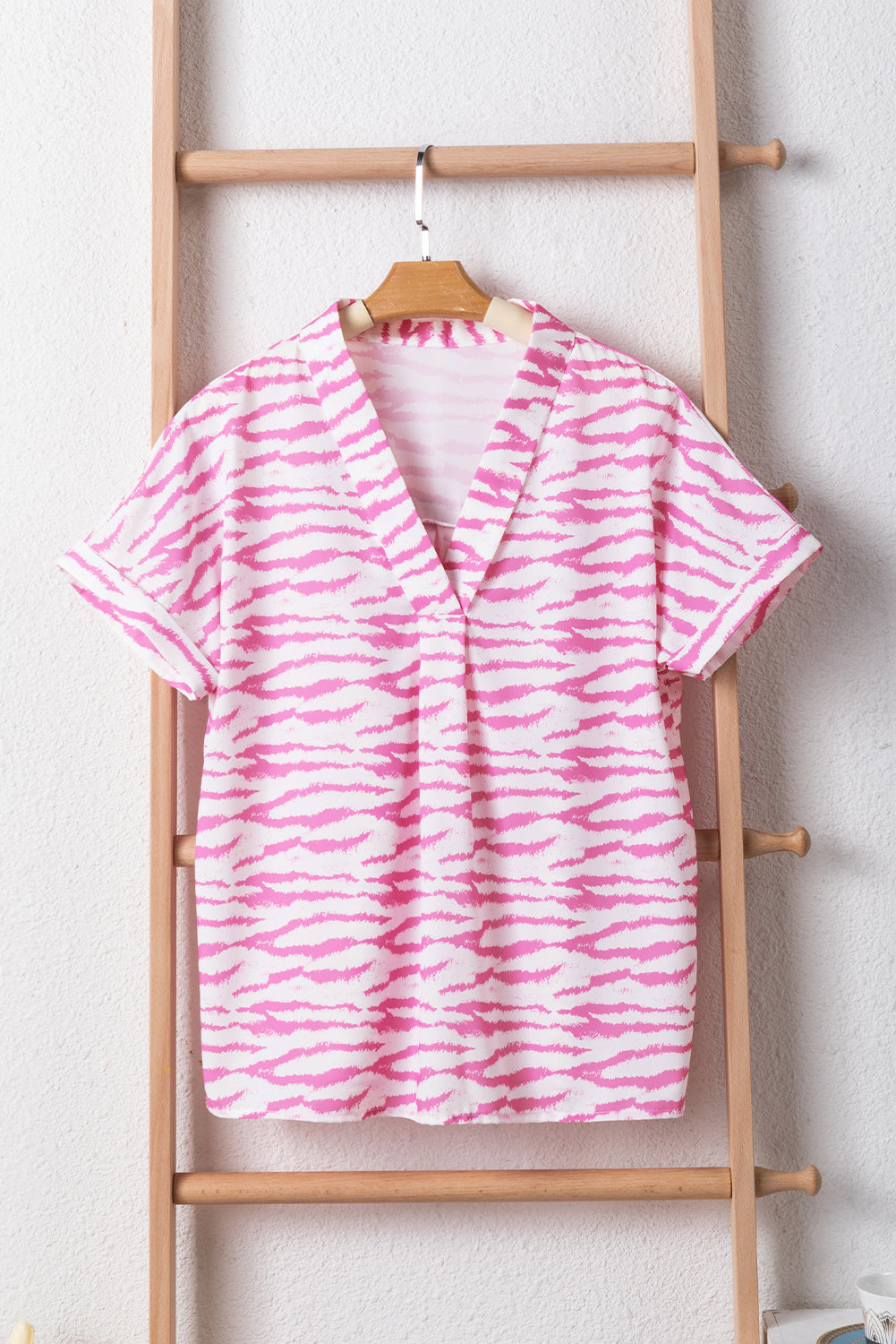 Zebra Pattern V Neck Short Sleeve Blouse