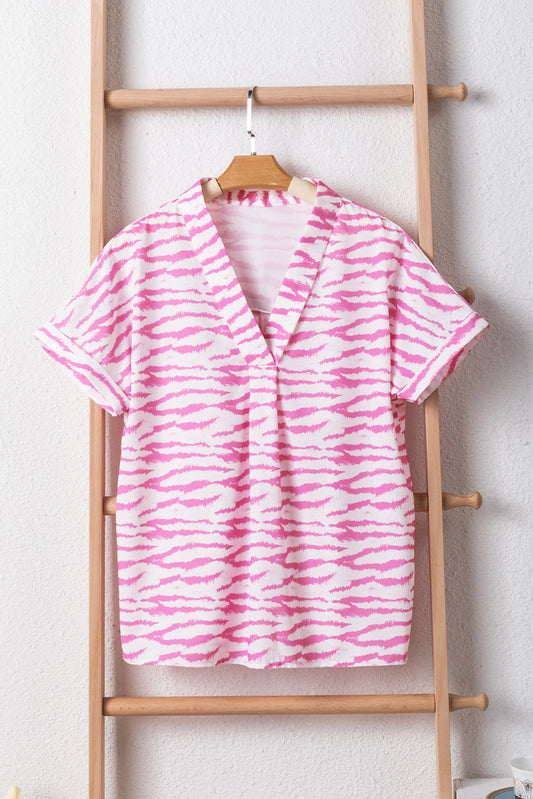 Zebra Pattern V Neck Short Sleeve Blouse