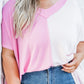 Color Block Ribbed Knit V Neck Plus Size T Shirt