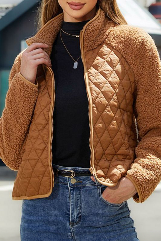 Sherpa Plush Quilted Puffer Patchwork Zipped Coat