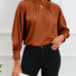 Keyhole Pleated Mock Neck Bishop Sleeve Blouse